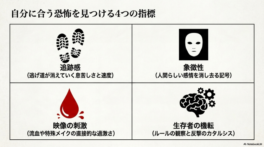 作品選びの基準となる4つの指標（追跡感、象徴性、映像の刺激、生存者の機転）を解説したスライド。