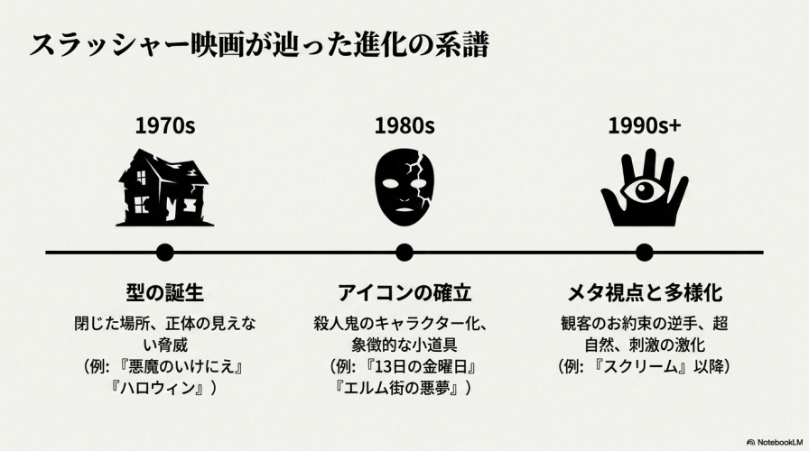 1970年代の「型の誕生」、1980年代の「アイコンの確立」、1990年代以降の「メタ視点と多様化」というスラッシャー映画の系譜をまとめたタイムライン画像。