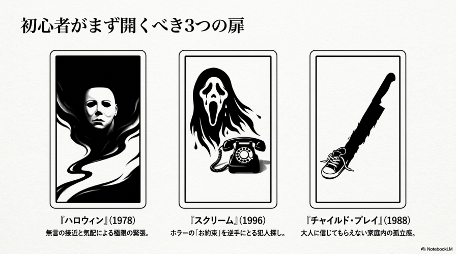 初心者が最初に見るべき映画として『ハロウィン』『スクリーム』『チャイルド・プレイ』の3作品とその特徴を挙げたスライド。