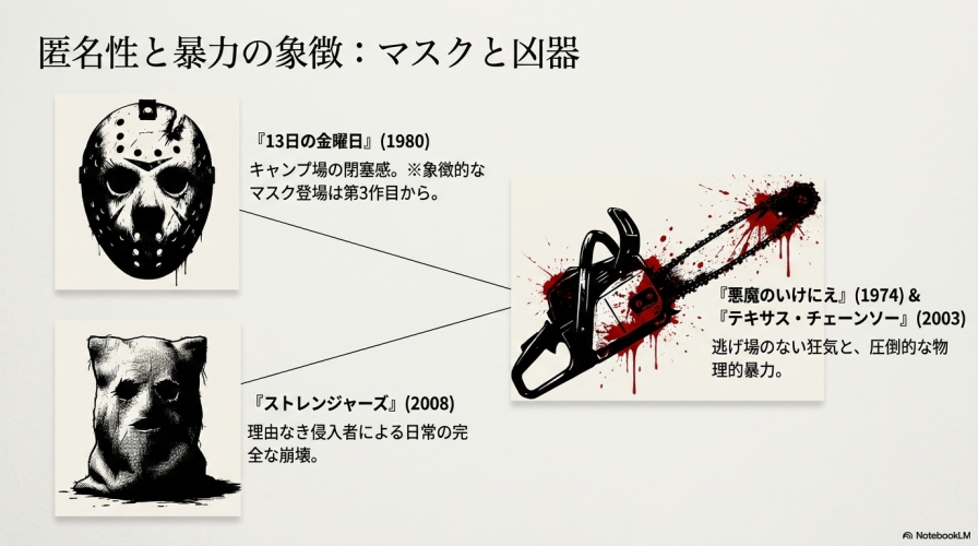 『13日の金曜日』『ストレンジャーズ』『悪魔のいけにえ』『テキサス・チェーンソー』を取り上げ、匿名性と暴力を解説したスライド。