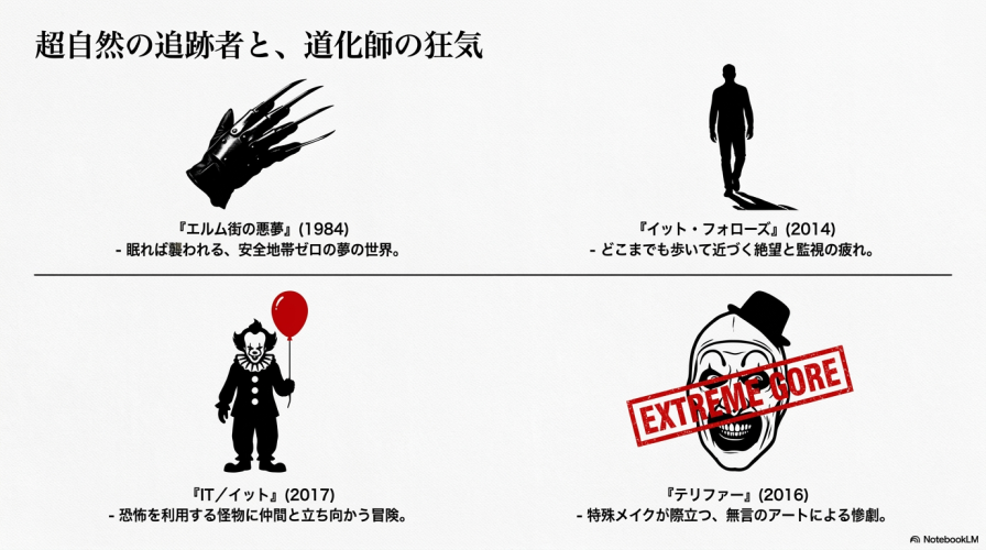 『エルム街の悪夢』『イット・フォローズ』『IT／イット』『テリファー』の4作品の恐怖の特徴をまとめたスライド。