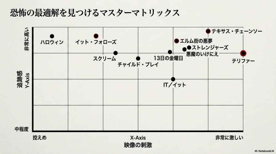紹介する名作ホラー映画を「追跡感」と「映像の刺激」の2軸で分類したマトリックス図。