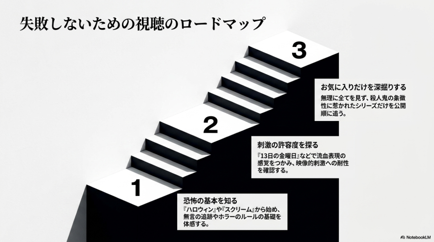 「1.恐怖の基本を知る」「2.刺激の許容度を探る」「3.お気に入りだけを深掘りする」という3ステップの視聴ロードマップ画像。