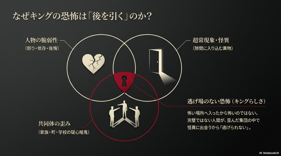 キング映画の恐怖の構造を図解したスライド。完璧ではない人間が、歪んだ集団の中で怪異に出会うため「逃げられない」ことを説明しています。