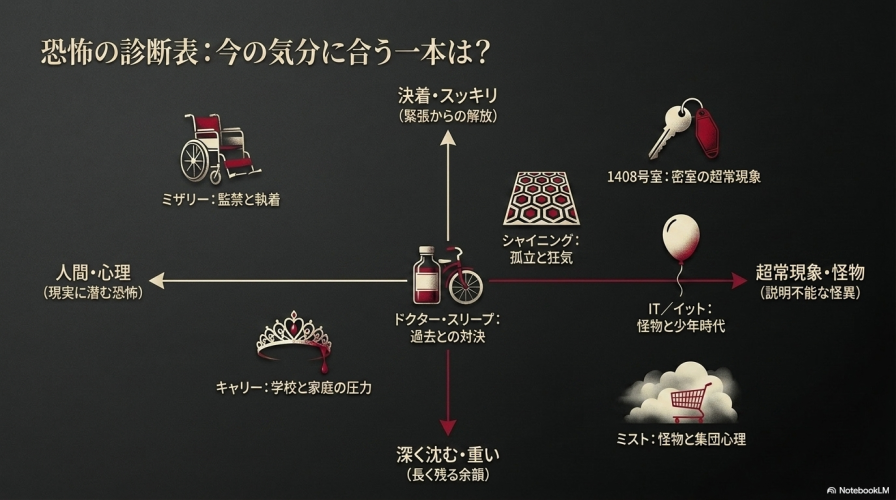  縦軸に「決着・スッキリ」から「深く沈む・重い」、横軸に「人間・心理」から「超常現象・怪物」を置き、気分に合わせて映画を選べるようにした診断マトリックス図。 