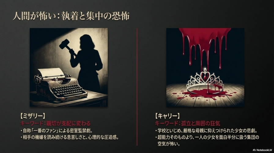 ミザリーを象徴するタイプライターと、キャリーを象徴する血に染まったティアラのイラスト。「人間が怖い」作品としてミザリーとキャリーの魅力を紹介するスライド。 