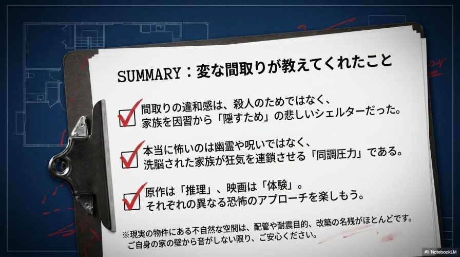 間取りの違和感は家族を隠すシェルターであり、真の恐怖は同調圧力であるという映画の結論と、現実の物件に関する注意書きをまとめたスライド。