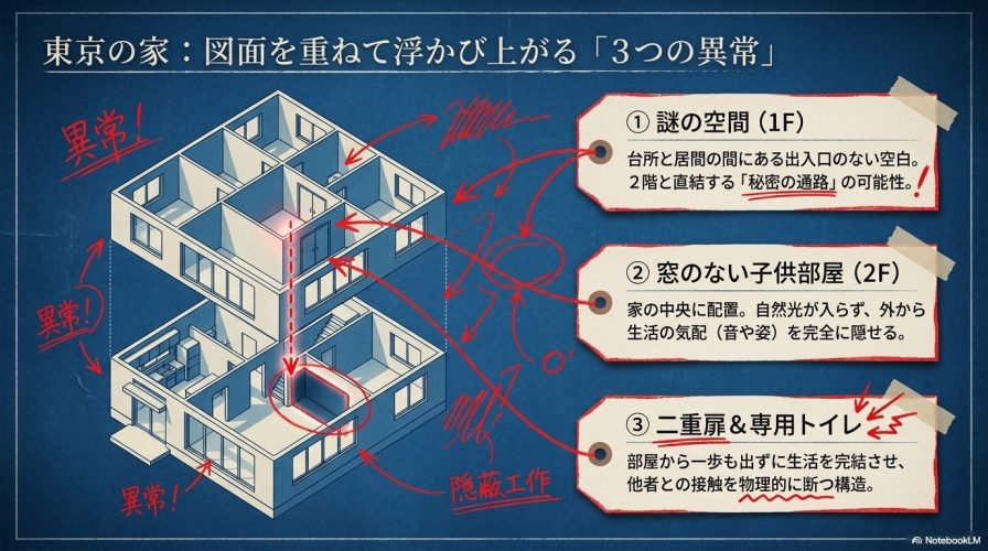 東京の家の立体間取り図。1階の謎の空間、2階の窓のない子ども部屋、二重扉と専用トイレという3つの異常構造を示したスライド。