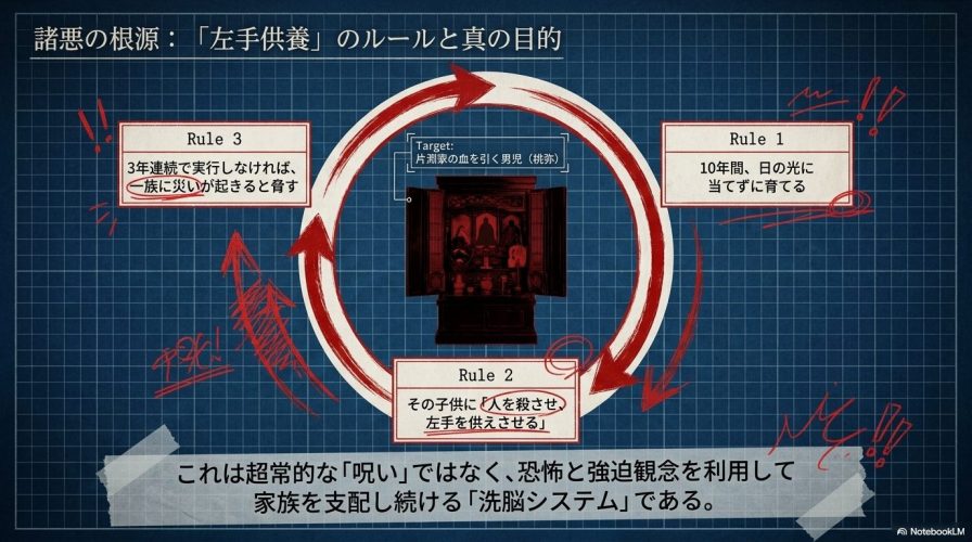  左手供養の3つのルールを図解。超常的な呪いではなく、恐怖で家族を支配する洗脳システムであることを説明したスライド。 