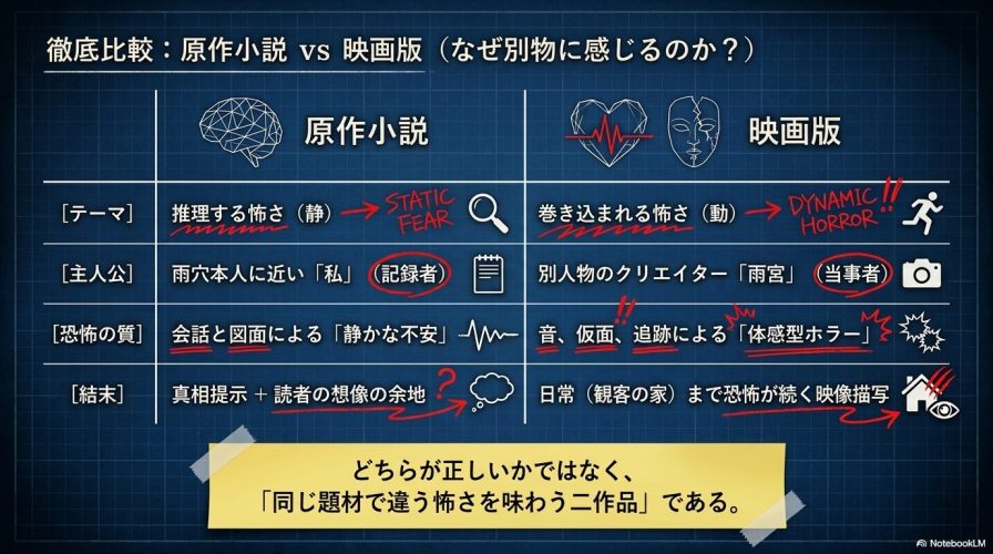 原作小説の推理する怖さと、映画版の巻き込まれる怖さの違いを、主人公や恐怖の質、結末などの要素から徹底比較したスライド。