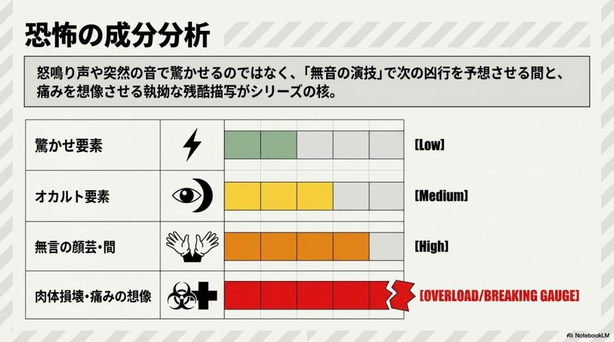 恐怖の成分分析グラフ。肉体損壊・痛みの想像と無言の顔芸・間が非常に高く、驚かせ要素やオカルト要素は低めであることを示しています。