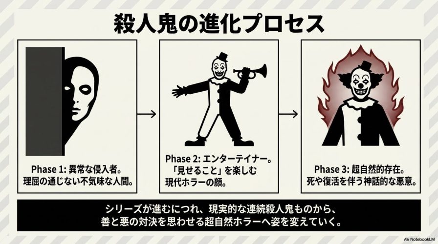殺人鬼の進化プロセス。異常な侵入者から始まり、エンターテイナーを経て超自然的存在へと変化していく過程。