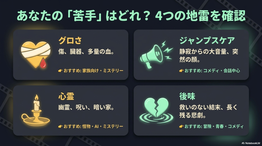 あなたの「苦手」はどれ?4つの地雷を確認。グロさ(おすすめ:家族向け・ミステリー)、ジャンプスケア(おすすめ:コメディ・会話中心)、心霊(おすすめ:怪物・AI・ミステリー)、後味(おすすめ:冒険・青春・コメディ)
