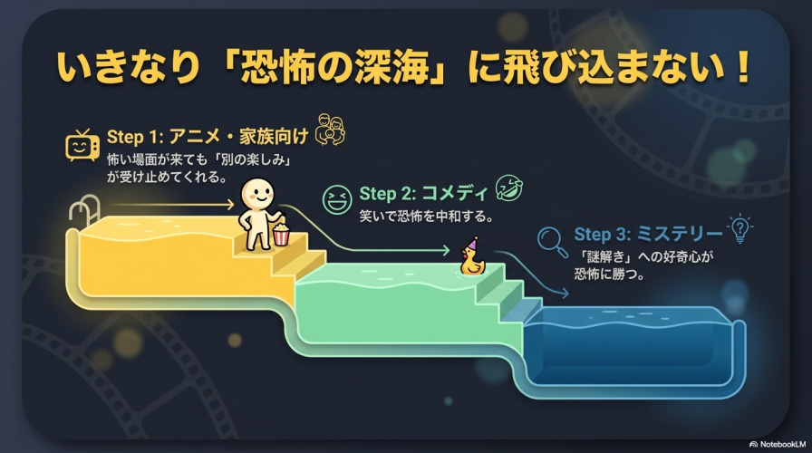 浅いプールから深いプールへ進むイラスト。いきなり「恐怖の深海」に飛び込まない!Step 1: アニメ・家族向け、Step 2: コメディ、Step 3: ミステリー