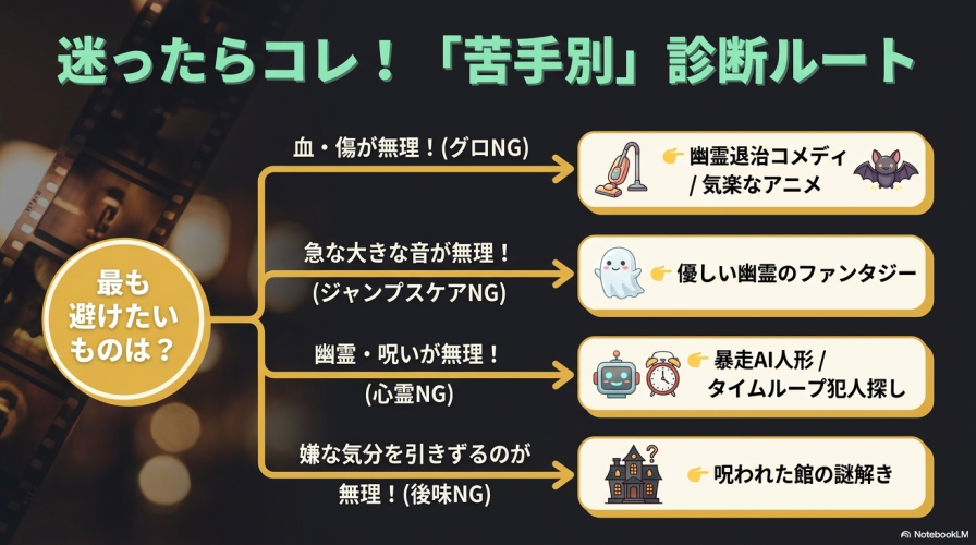 迷ったらコレ!「苦手別」診断ルート。グロNG、ジャンプスケアNG、心霊NG、後味NGの4つのルートからおすすめの作品ジャンルを導くフローチャート