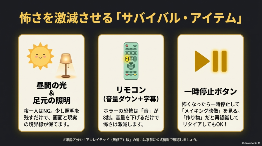 怖さを激減させる「サバイバル・アイテム」。昼間の光と足元の照明、リモコン(音量ダウンと字幕)、一時停止ボタン(メイキング映像を見る)の3つの方法