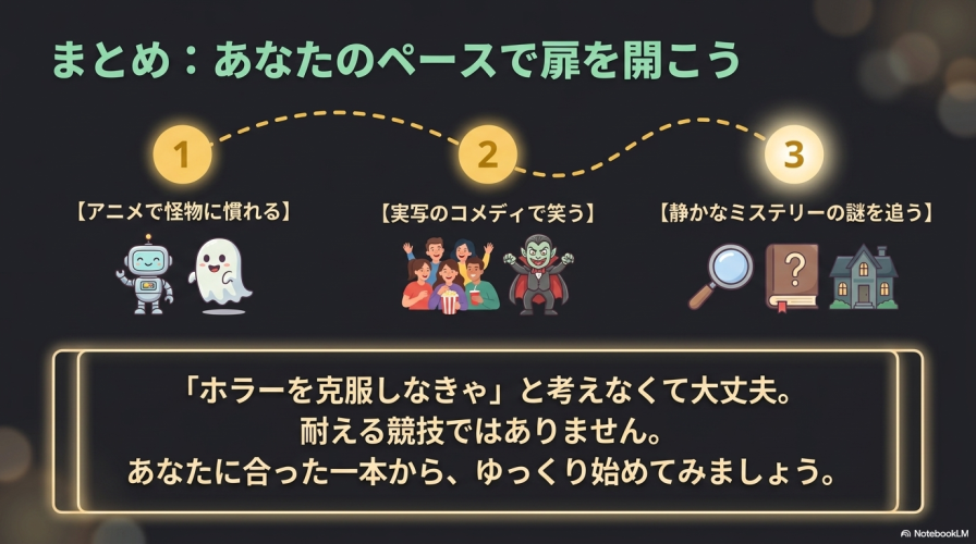 まとめ:あなたのペースで扉を開こう。1. アニメで怪物に慣れる、2. 実写のコメディで笑う、3. 静かなミステリーの謎を追う。「ホラーを克服しなきゃ」と考えなくて大丈夫。耐える競技ではありません。
