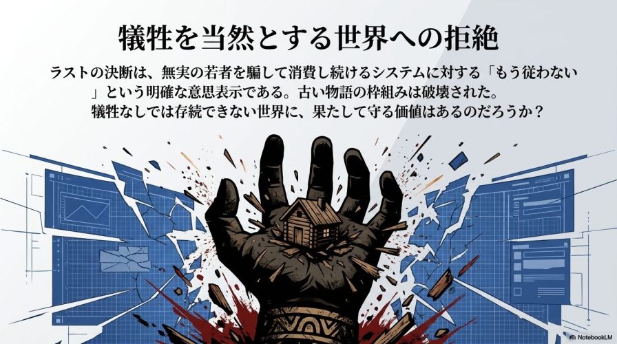 犠牲を当然とする世界への拒絶。無実の若者を消費し続けるシステムへの従属を拒み、地中から現れた巨大な手が山小屋を破壊する様子を描いたイラスト。