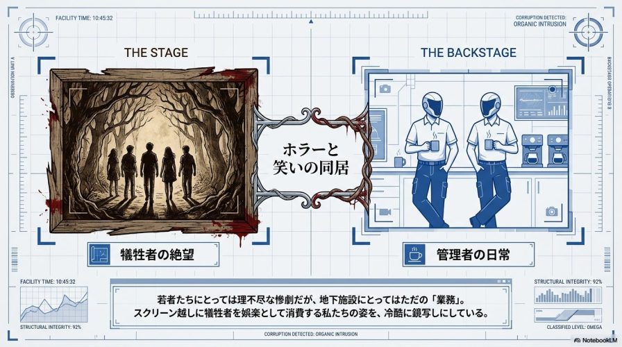 ホラーと笑いの同居。若者たちの絶望を描く惨劇の舞台と、それを娯楽として消費する地下施設の管理者の日常を対比させた図解。