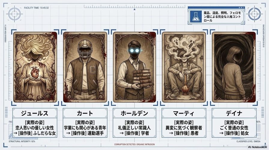 5人の若者に押しつけられた型。ジュールス、カート、ホールデン、マーティ、デイナが、薬品や環境操作によって本来の姿からホラー映画の定番キャラクターへと変えられていく様子を示す図解。