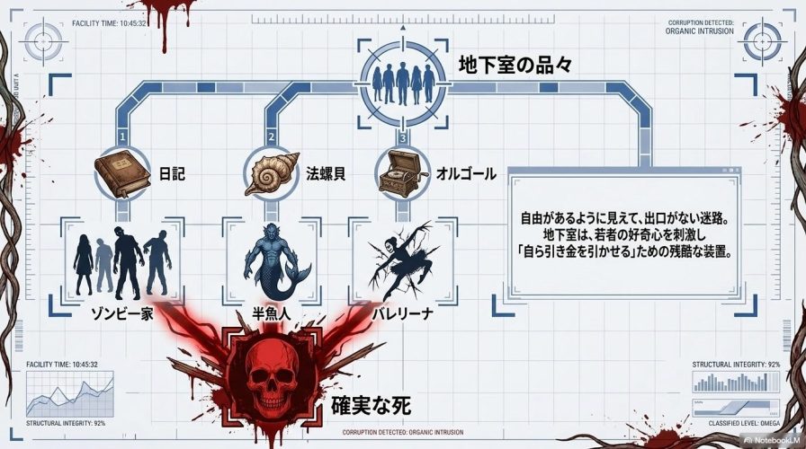 地下室の品々。日記がゾンビ一家、法螺貝が半魚人、オルゴールがバレリーナといったように、選んだ品物が怪物を決める残虐な装置の仕組み。