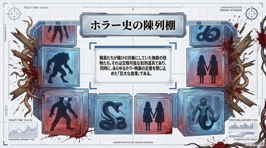 ホラー史の陳列棚。狼男、殺人ピエロ、巨大な蛇など、あらゆるホラー映画の定番怪物が透明な区画に閉じ込められている巨大倉庫の図解。
