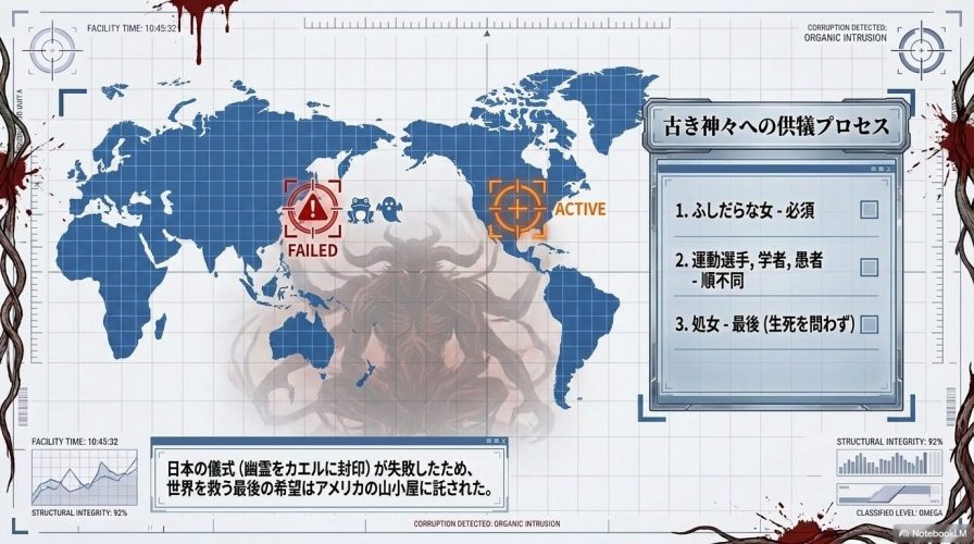 古き神々への供犠プロセス。日本の儀式が失敗し、世界を救う最後の希望がアメリカの山小屋に託された状況と、犠牲となる人物の順番を示す図解。