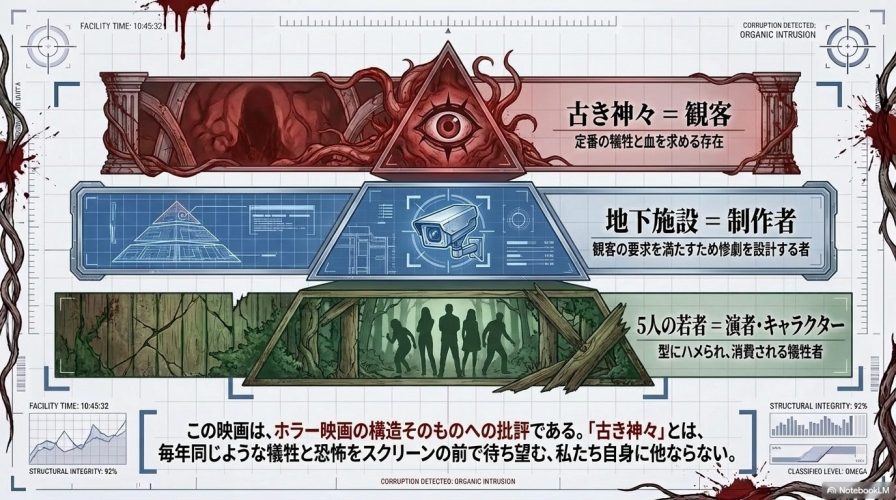 定番の犠牲と血を求める古き神々を観客、要求を満たすために惨劇を設計する地下施設を制作者、消費される若者を演者に例え、ホラー映画の構造を批評する図解。