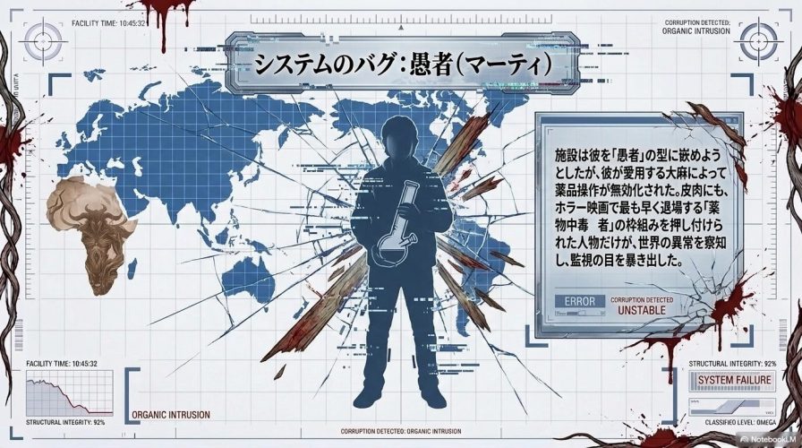 システムのバグである愚者マーティ。施設側が薬品操作を試みるも愛用の大麻によって無効化され、世界の異常を察知して監視の目を暴き出す様子を示す図解。