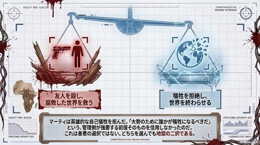 ラストの選択。友人を殺して腐敗した世界を救うか、犠牲を拒絶して世界を終わらせるかという、善悪では測れない地獄の二択を示す天秤の図解。
