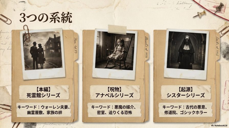 死霊館ユニバースを構成する3つの系統。本編の死霊館シリーズ、呪物を描くアナベルシリーズ、起源に迫るシスターシリーズ。