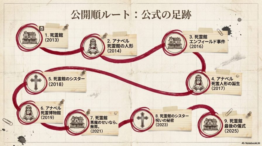 公式の足跡をたどる公開順ルート。2013年の死霊館から2025年の死霊館最後の儀式までの全9作品の流れ。