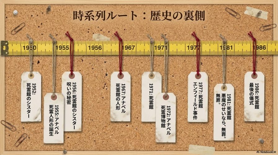 歴史の裏側をたどる時系列ルート。1952年の死霊館のシスターから1986年の死霊館最後の儀式までの年代順の流れ。