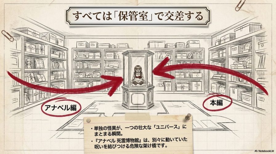 すべては保管室で交差する。アナベル死霊博物館は、別々に動いていたアナベル編と本編の呪いを結びつける危険な架け橋となる。