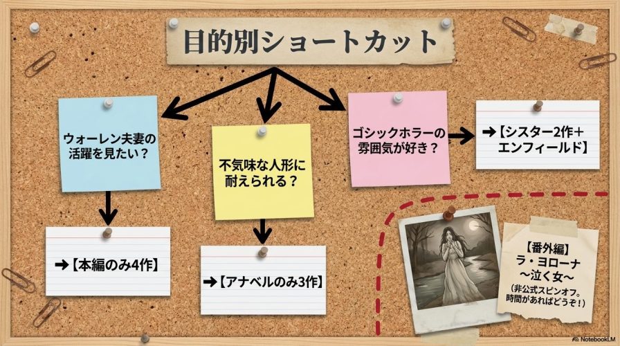 目的別ショートカット。ウォーレン夫妻の活躍を見たいなら本編4作、不気味な人形に耐えられるならアナベル3作など、好みに合わせた鑑賞ルート。