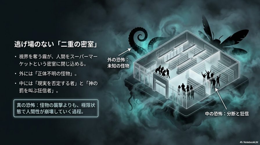視界を奪う霧による密室状態を図解したスライドです。外の恐怖として未知の怪物が挙げられています。中の恐怖として分断と狂信が挙げられており、二重の密室構造であることが説明されています。
