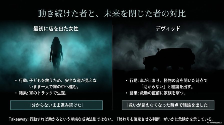 分からないまま進み続けた「最初に店を出た女性」と、救いが見えなくなった時点で結論を出した「デヴィッド」の行動と結果を比較したスライドです。