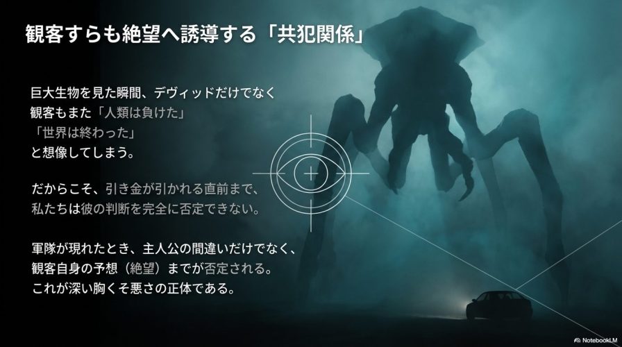 観客と映画の間の「共犯関係」を示したスライドです。巨大生物を見た瞬間に観客も絶望を想像してしまうため、デヴィッドの判断を否定できなくなるという心理が解説されています。
