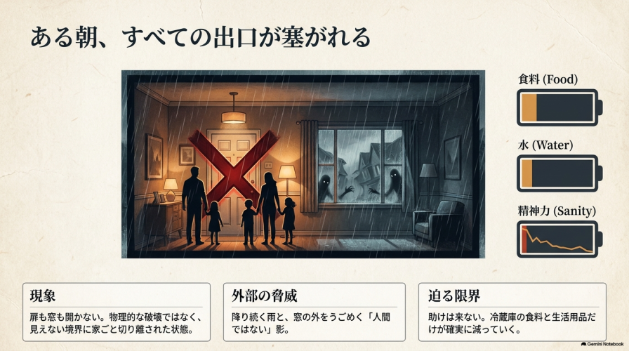玄関のドアに大きな赤いバツ印が描かれ、窓の外には光る目を持つ影が迫っている。食料や水、精神力の限界が近づいていることを示す図解。