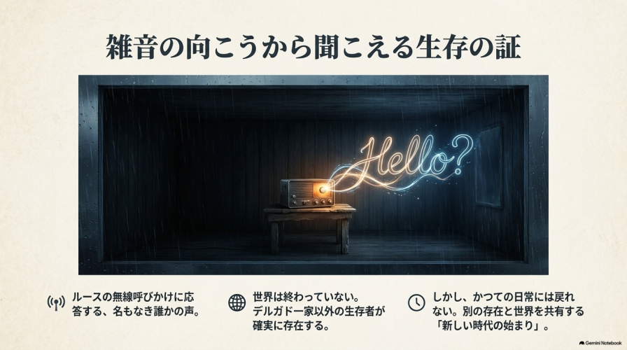 暗い部屋に置かれた古い無線機から「Hello?」という文字が光とともに浮かび上がっている。他の生存者の存在と新しい時代の始まりを示唆している。