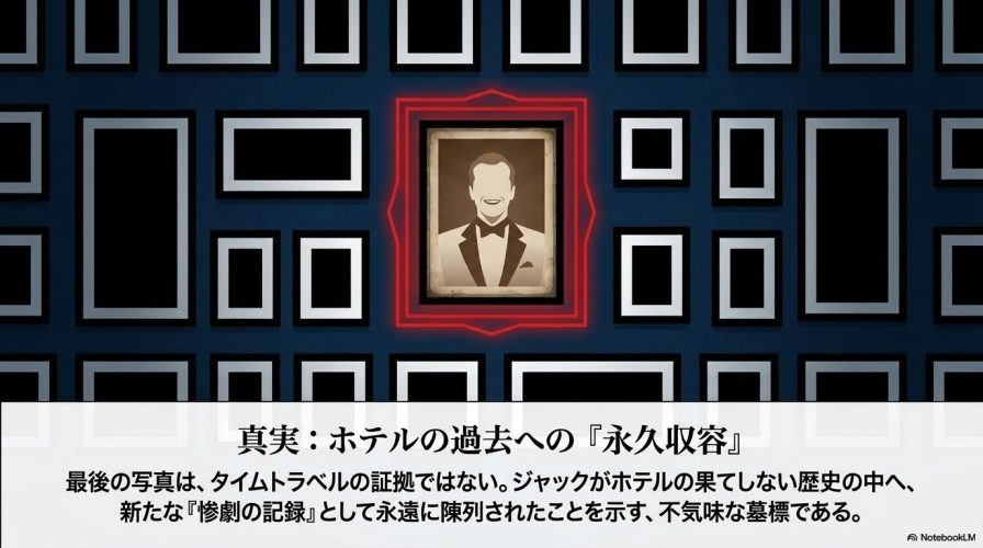 紺色の壁に無数の額縁が飾られているイラスト。 中央の赤い額縁の中に笑顔のジャックの写真が陳列されており、これがタイムトラベルの証拠ではなく、惨劇の記録として永遠に収容された不気味な墓標であることを示している。