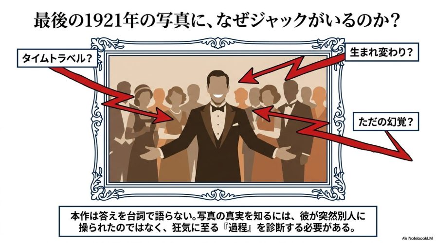 1921年の写真に写るジャックのイラスト。 タイムトラベル、生まれ変わり、ただの幻覚といった疑問符が矢印と共に描かれている。 写真の真実を知るには、突然操られたのではなく、狂気に至る『過程』の診断が必要であるという解説が添えられている。