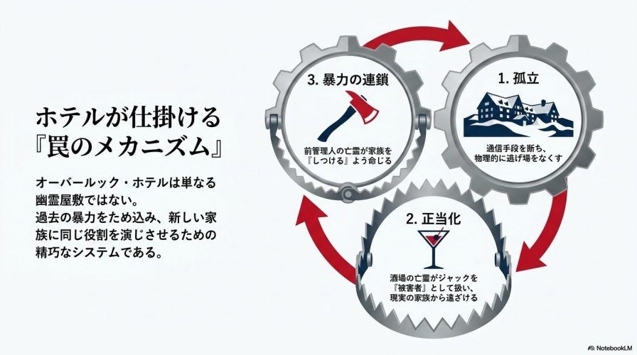 ホテルが新しい家族に同じ役割を演じさせるためのシステムを3つの歯車で表現した図解。 1つ目の歯車は物理的な逃げ場をなくす「孤立」、2つ目は現実の家族から遠ざける「正当化」、3つ目は亡霊がしつけを命じる「暴力の連鎖」として描かれている。