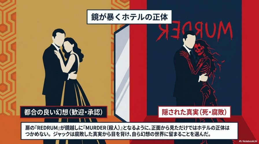 鏡を中心に左右で異なる世界を描いたイラスト。 左側にはジャックが見る歓迎や承認といった「都合の良い幻想」、右側には死や腐敗といった「隠された真実」が描かれている。 また、扉の「REDRUM」が鏡越しに「MURDER」になる様子も示されている。