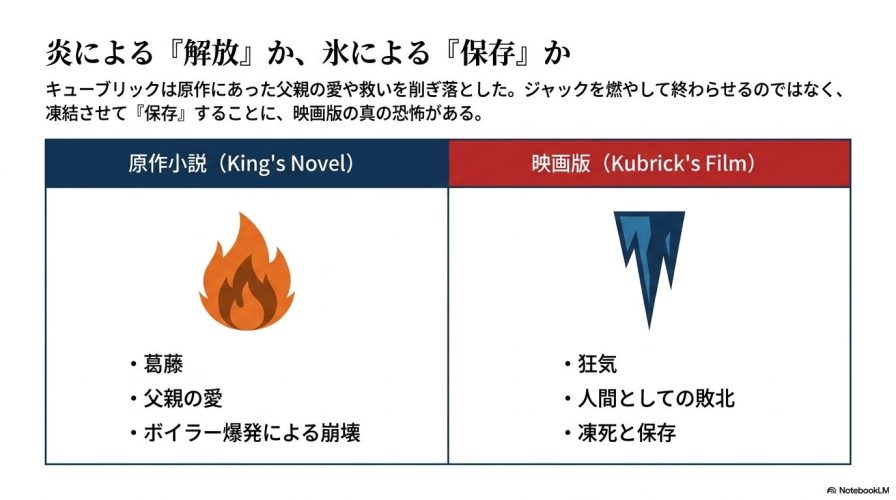 原作小説と映画版の違いを比較した表。 原作小説は「葛藤」「父親の愛」「ボイラー爆発による崩壊」であるのに対し、映画版は「狂気」「人間としての敗北」「凍死と保存」であることが示されている。