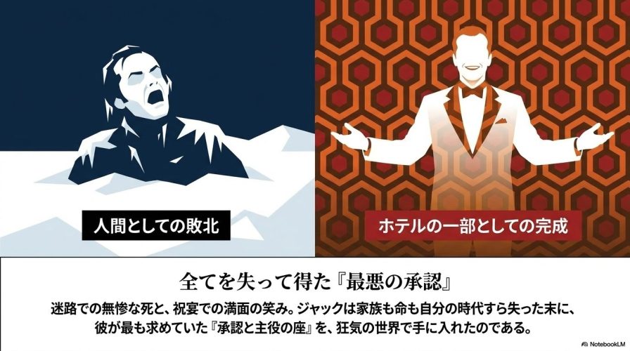2つの顔の対比画像。 左側は雪の中で無惨に凍死した「人間としての敗北」を示す姿。 右側はホテルのカーペット柄を背景に満面の笑みを浮かべる「ホテルの一部としての完成」を示す姿であり、全てを失って最悪の承認を得たことが解説されている。