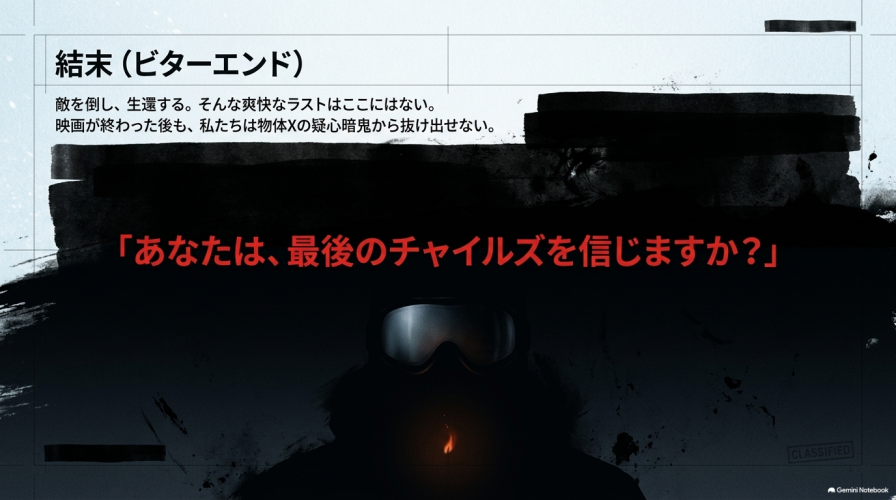 「あなたは、最後のチャイルズを信じますか?」という問いかけと、雪原に座り込む二人のシルエット画像