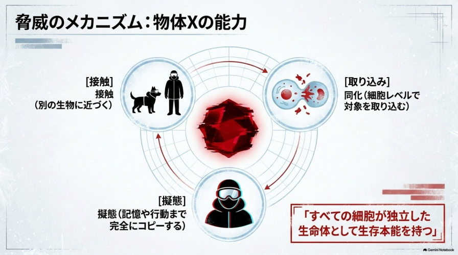 接触から取り込み、擬態へと至る物体Xの能力サイクルと、「すべての細胞が独立した生命体として生存本能を持つ」という解説