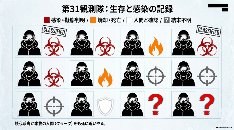 登場人物12名それぞれの感染・擬態判明、焼却・死亡、人間と確認、結末不明などのステータス一覧表