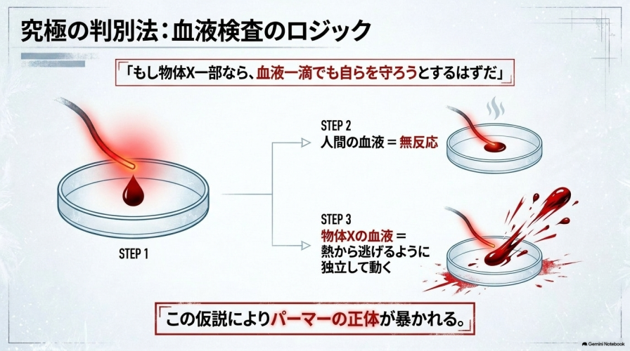 物体Xの一部であれば血液一滴でも自らを守ろうとする仮説に基づき、熱した針金から血液が逃げる様子を示した図解